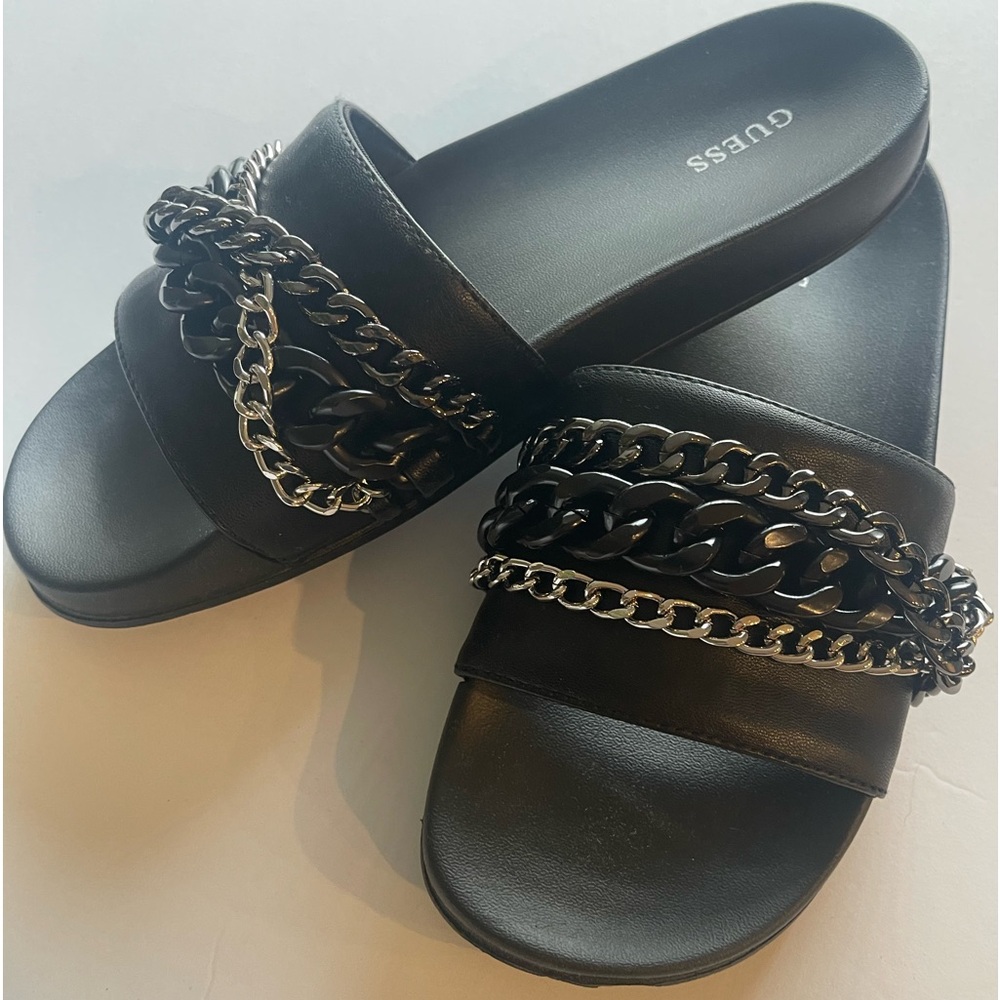 Guess Black Slide Sandals with Silver Chain Detail